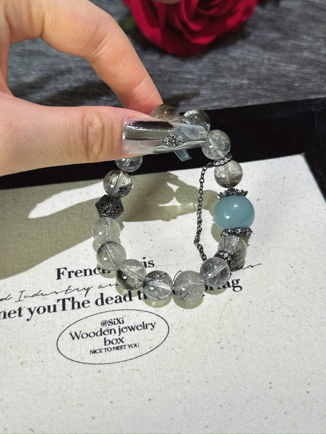 ▫️▪️ Black hair crystal aquamarine bracelet