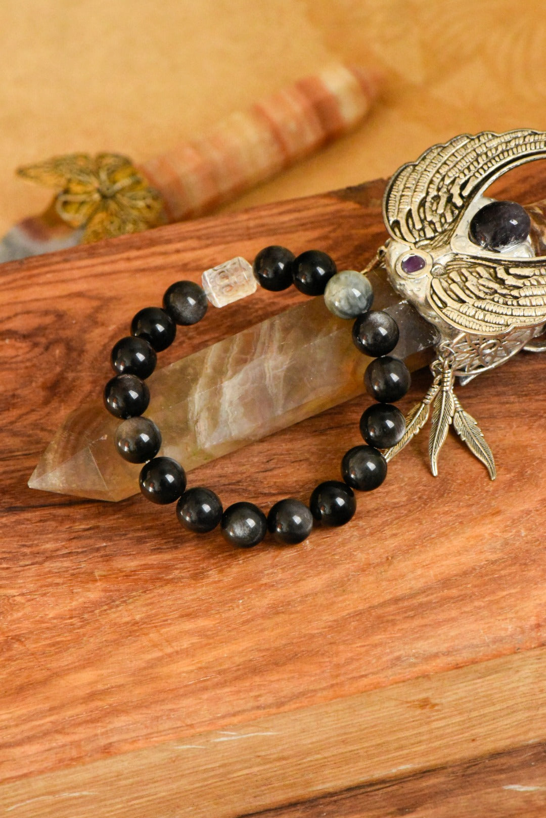 ▫️▪️ Obsidian White Crystal Bucket Bead Bracelet (Men)