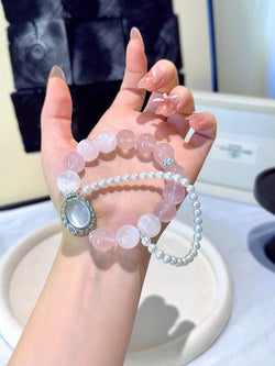 ▫️▪️ Pink crystal white ghost milky white crystal magic box bracelet