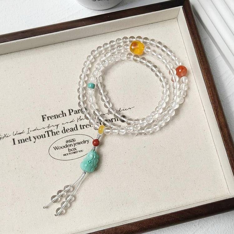 108 white crystals with a green pine Pixiu Buddha necklace