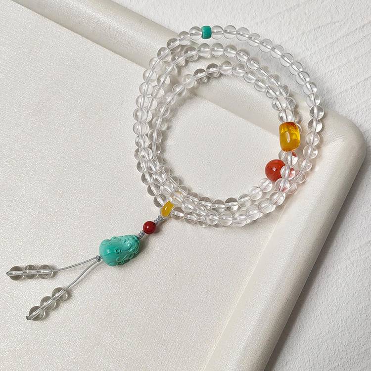 108 white crystals with a green pine Pixiu Buddha necklace