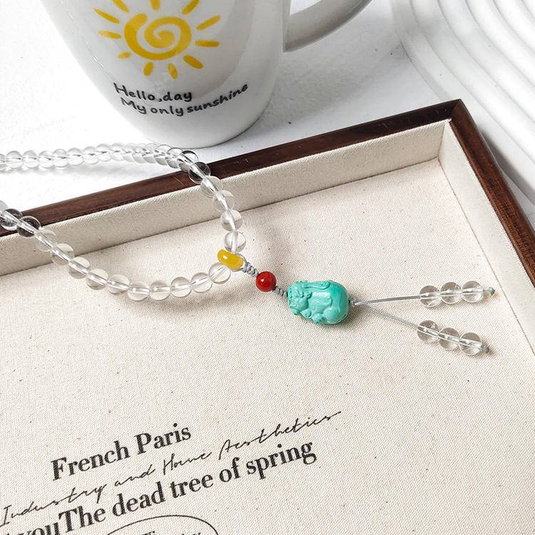 108 white crystals with a green pine Pixiu Buddha necklace